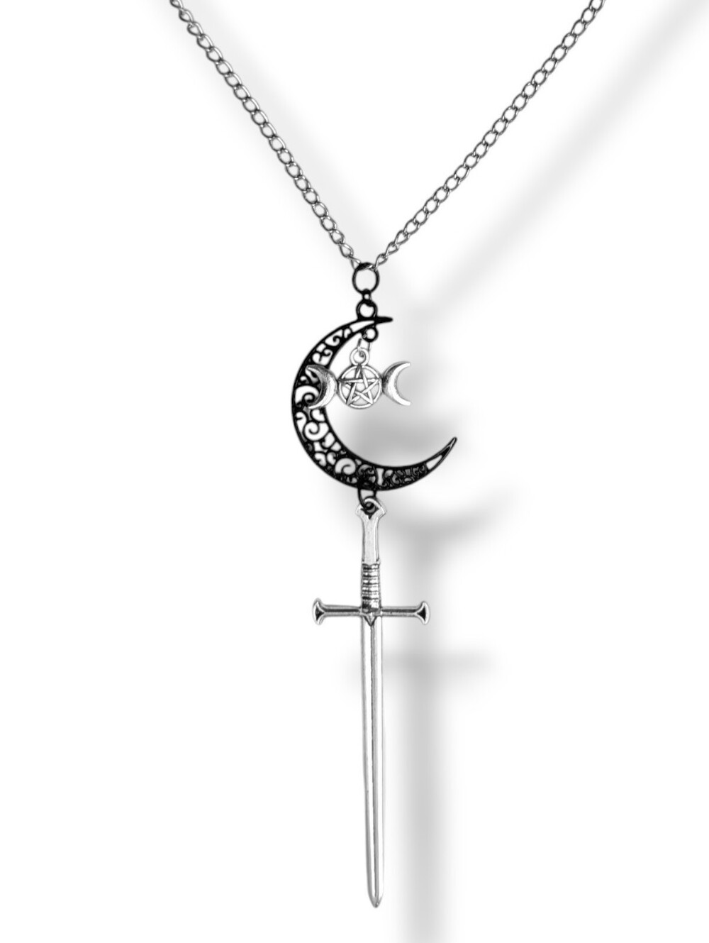 NWT Handmade Large Silver Sword Black Crescent Moon Pentacle Layered Necklace